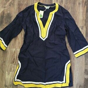 Boden Womens Tunic Dress Linen Cleo Kaftan Beachwear Navy Yellow Petite 2P